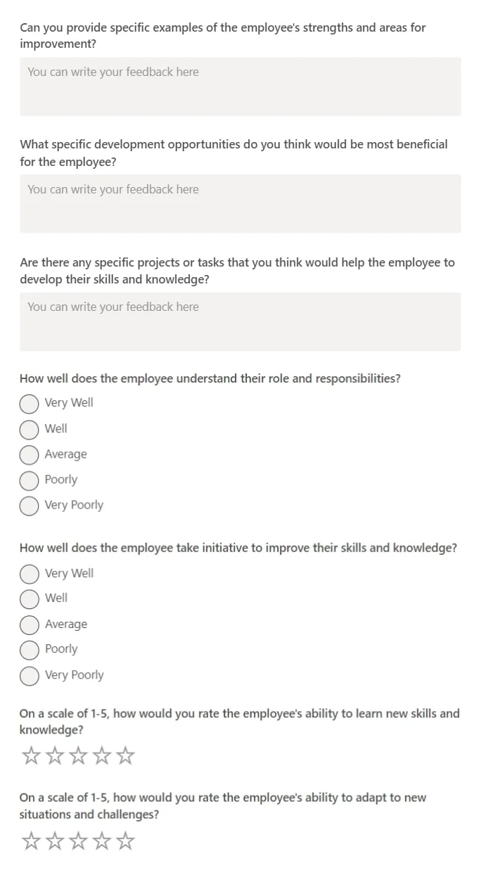 teamflect employee developmental feedback template with questions